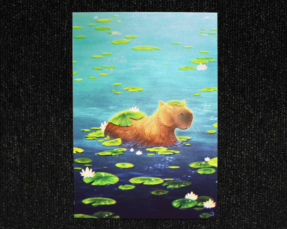 Pearlescent print of a happy and relaxed capybara swimming in a pond, surrounded by lily pads