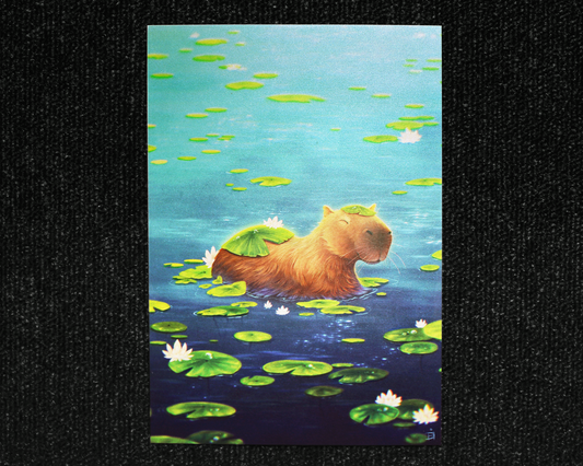 Pearlescent print of a happy and relaxed capybara  swimming in a pond, surrounded by lily pads