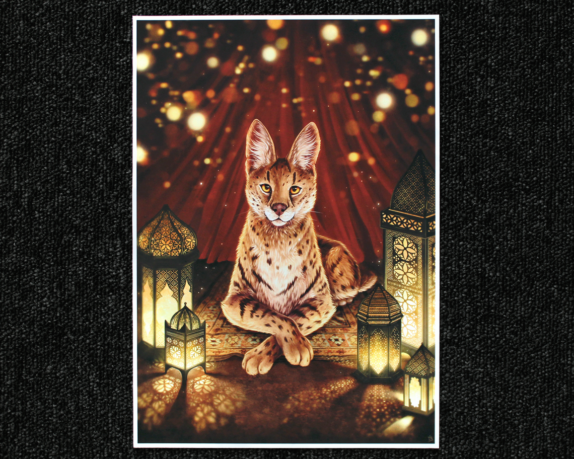 A4 print of a fantasy serval cat, surrounded by Moroccan style lanterns.