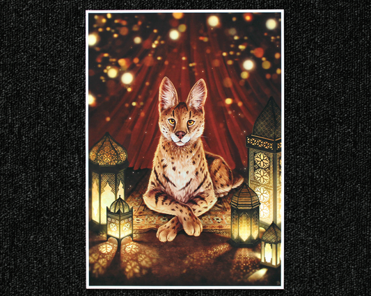 A4 print of a fantasy serval cat, surrounded by Moroccan style lanterns.