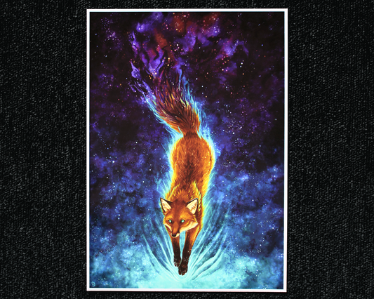 A4 print of a celestial fox, gliding through space. Their tail fades off in the space background, much like a nebula.