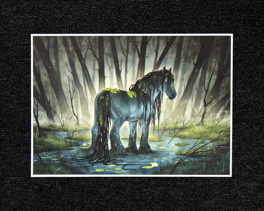 A4 print of the mythical Kelpie. A dark greyish blue horse stood on the waters surface, surrounded by a dark forest background