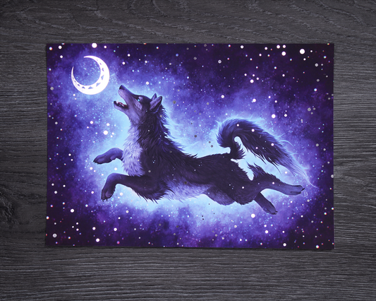 A5 foil print showing the Norse Wolf Hati, chasing the moon on a blue starry background. The stars and moon are in silver foil