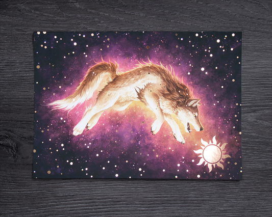 A5 foil print showing the Norse Wolf Skoll, chasing the sun on a deep purple starry background. The stars and sun are in rose gold foil