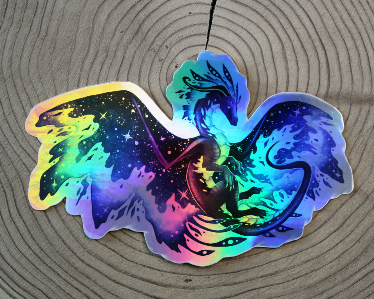 Space Dragon (Colourful) - Rainbow Holographic Vinyl Sticker