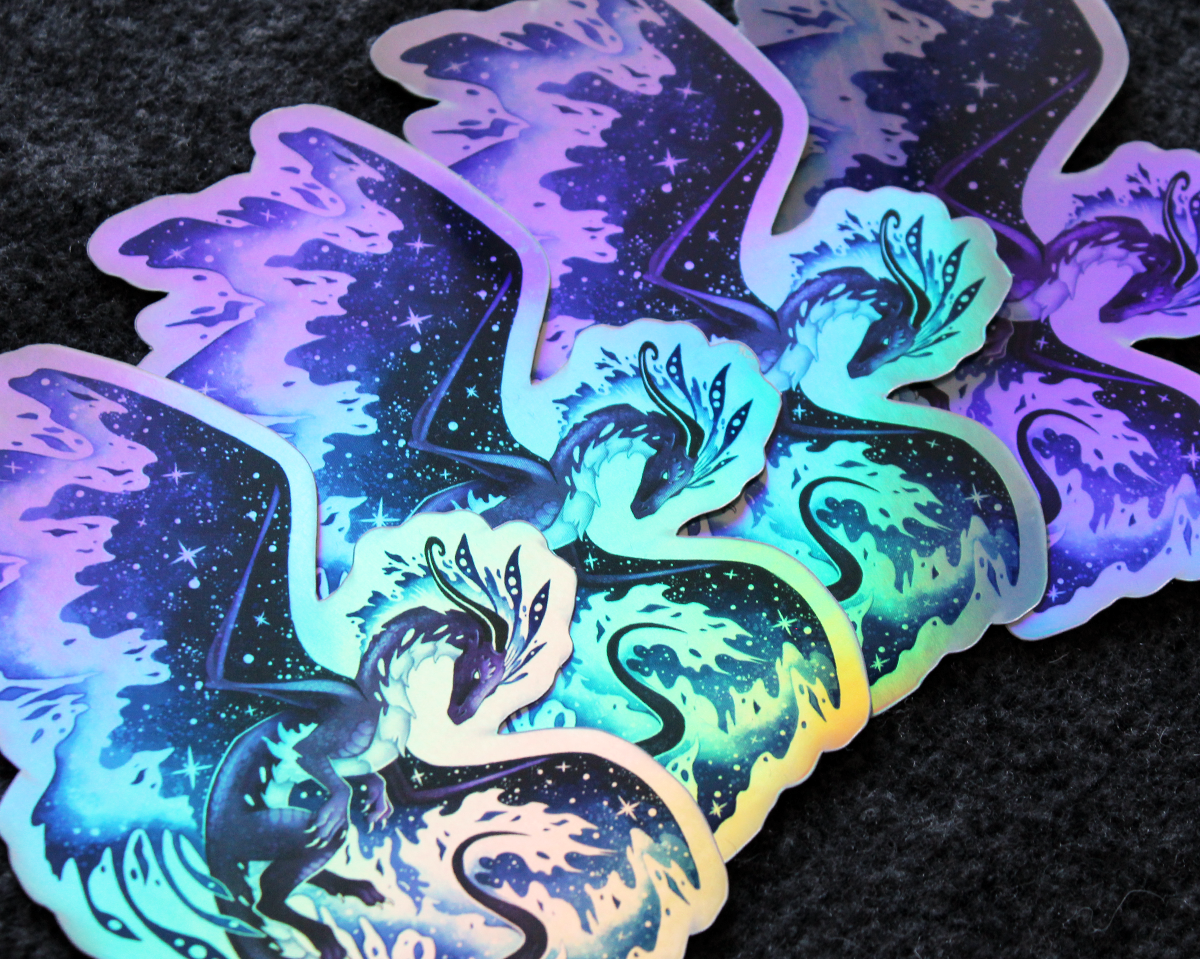 Space Dragon (Colourful) - Rainbow Holographic Vinyl Sticker