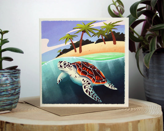 Seasonal Animals - Summer Turtle - 150x150mm Square Blank Greeting Card