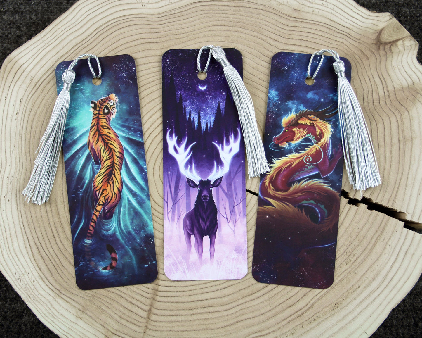 Set of 3 Bookmarks (Tiger, Stag, Dragon)