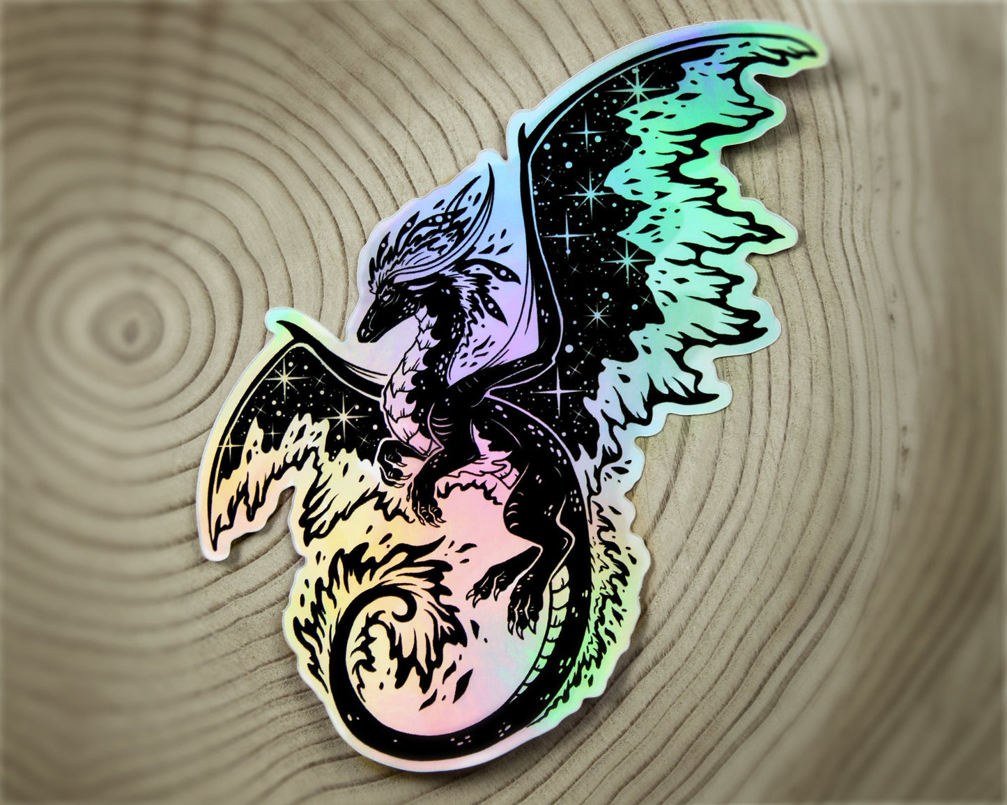 Space Dragon (Black) - Rainbow Holographic Vinyl Sticker