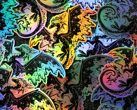 Space Dragon (Black) - Rainbow Holographic Vinyl Sticker