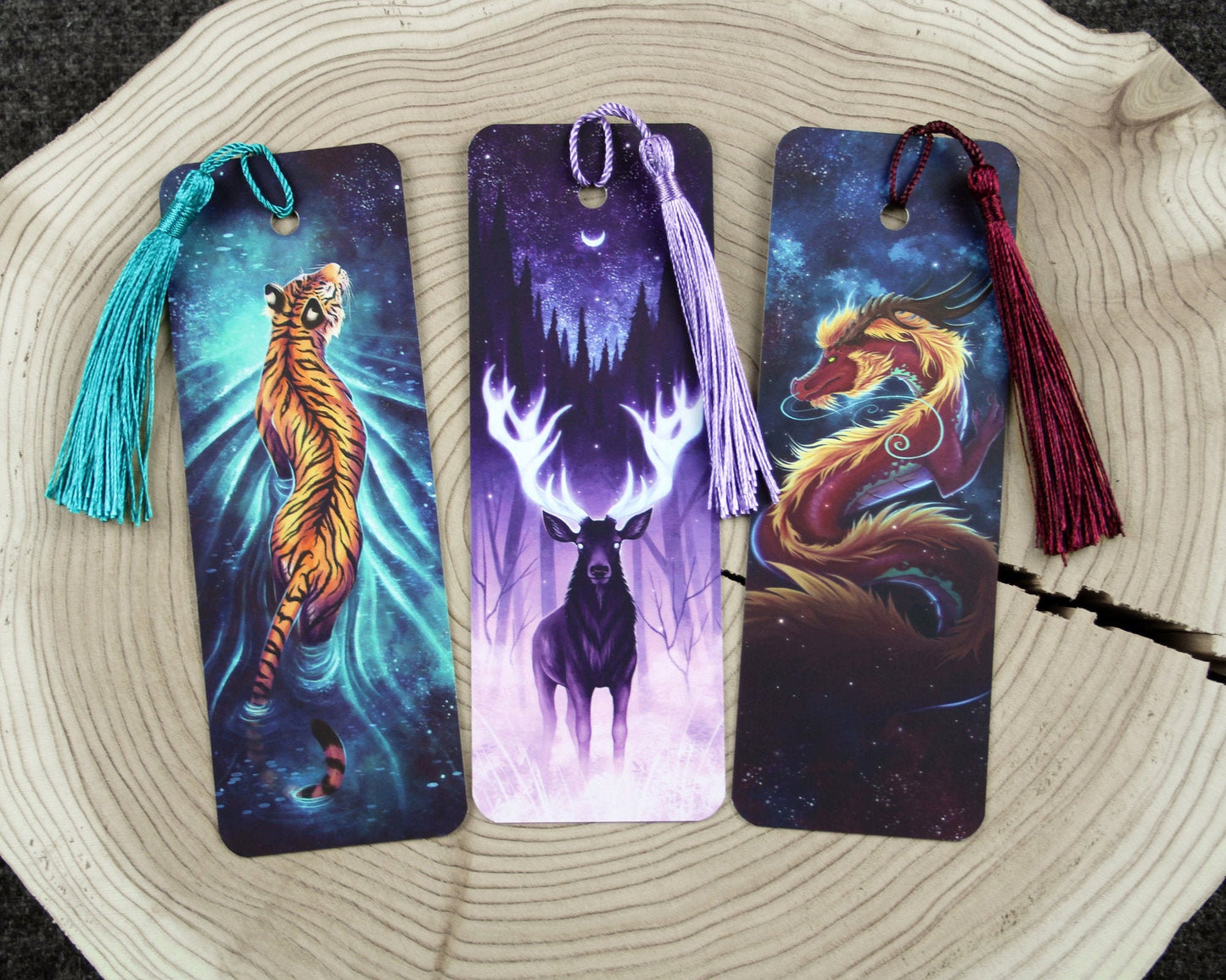 Set of 3 Bookmarks (Tiger, Stag, Dragon)