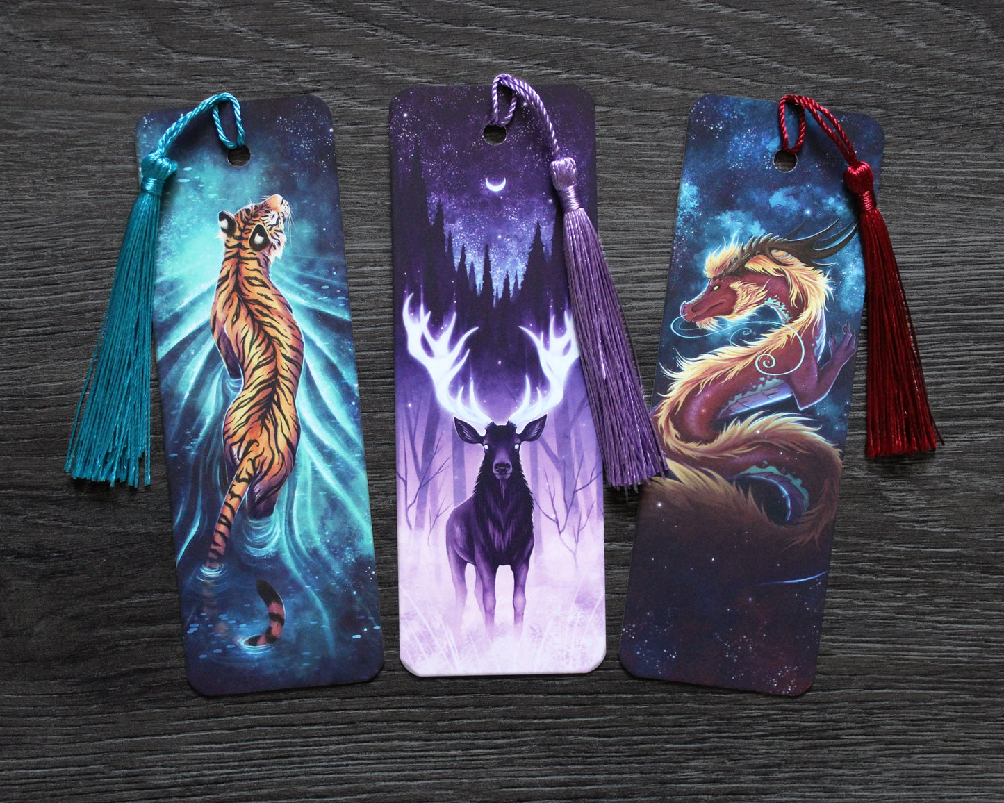 Set of 3 Bookmarks (Tiger, Stag, Dragon)